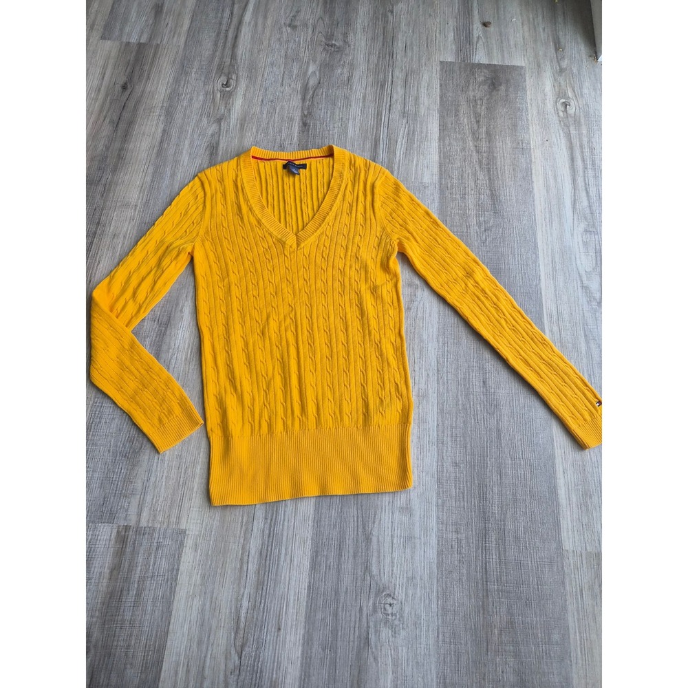 Tommy Hilfiger Womens Yellow Cable Knit V-Neck Cotton Sweater Size M 0886798